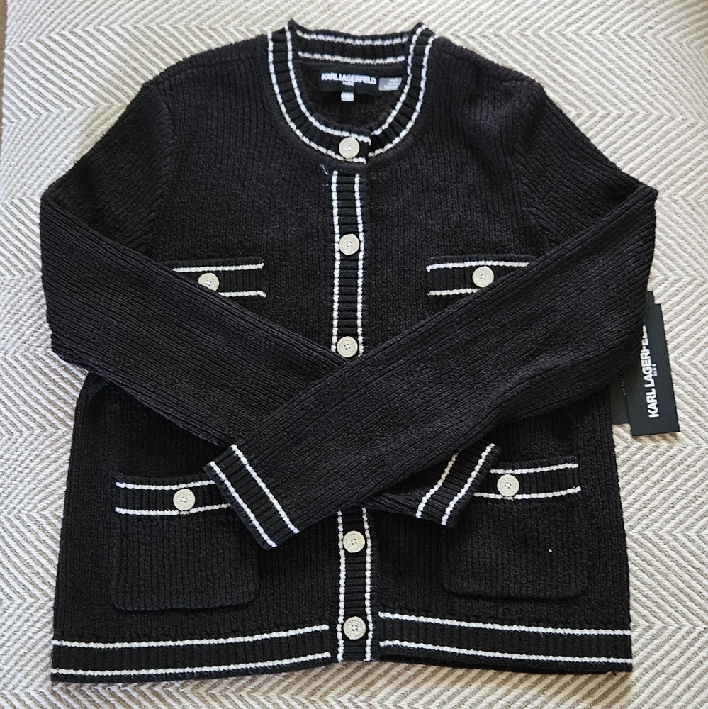 Karl Lagerfield Textured Black Cardigan with White Trim